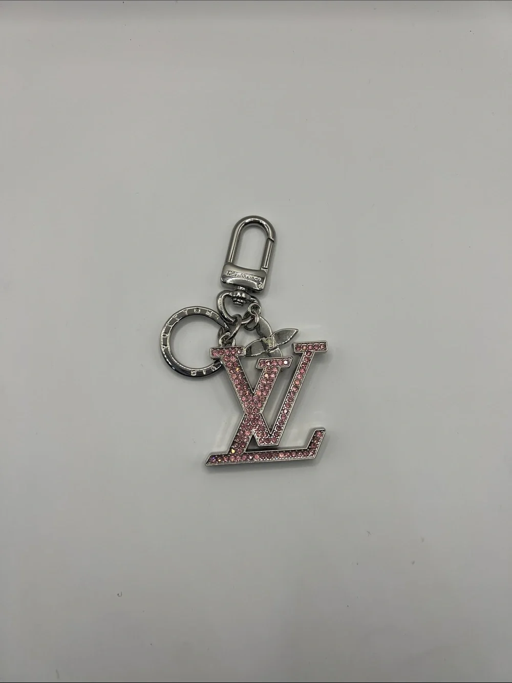 1416. Pink Crystal Key Chain or Bag Charm with Stamped Silver Hardware